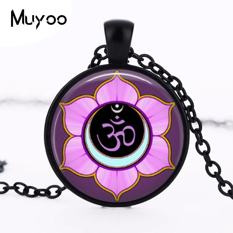 Om Symbol Necklace Yoga Jewelry Aum Zen Purple Flower Art Pendant in Bronze or Round Photo Choker Necklace HZ1